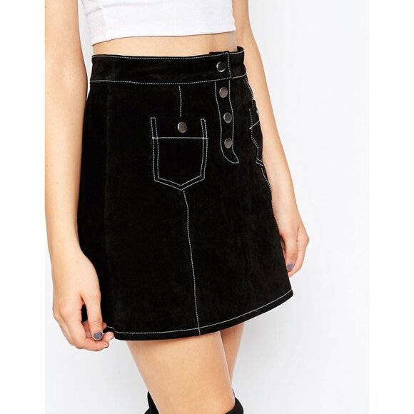 ASOS A-Line Suede Mini Skirt with Contrast Stitch and Button - Size 6 - Picture 2 of 12